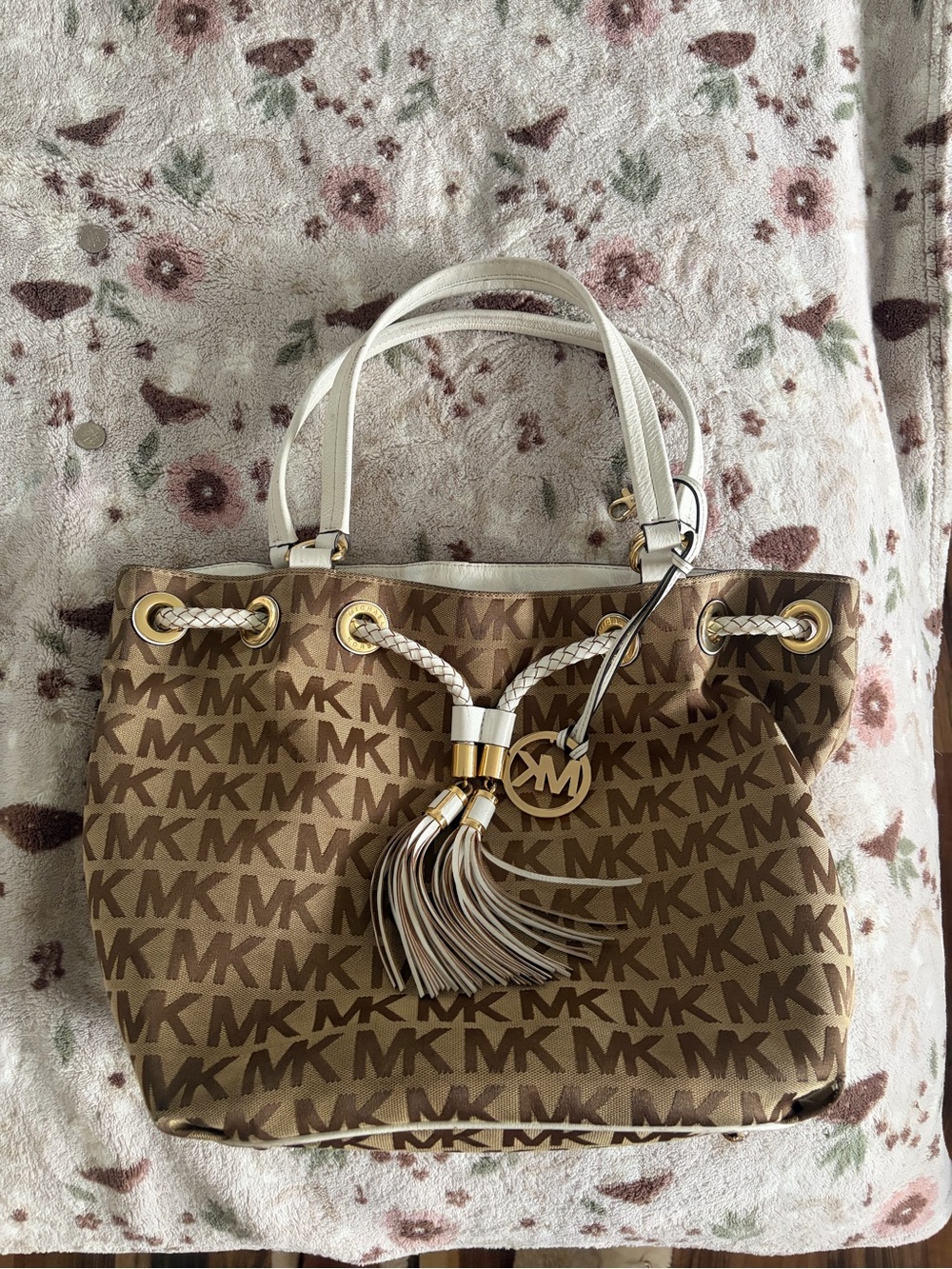 Michael Kors Tan Brown Logo Drawstring Tote with White Handles